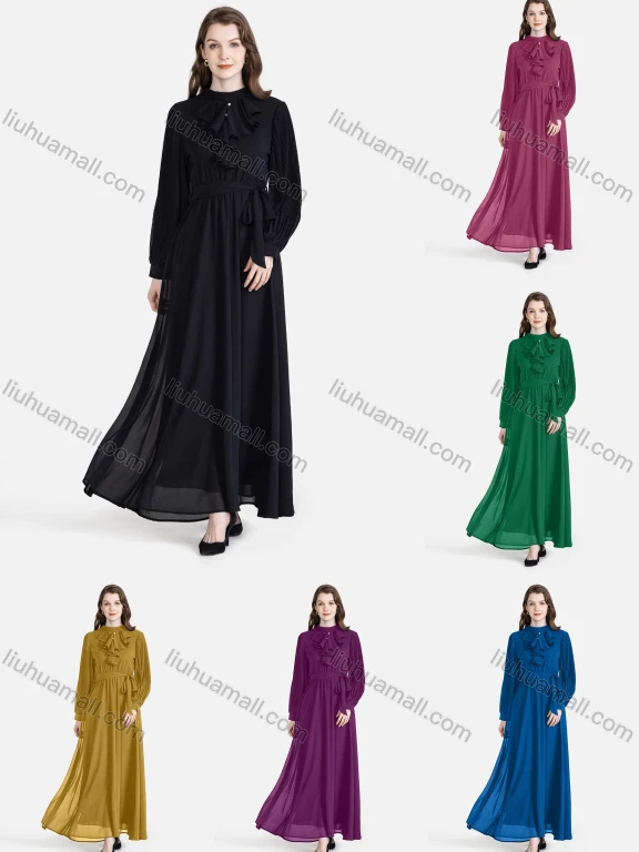 Wholesale Women's Elegant Chiffon Plain Round Neck Ruffle Trim Lace Up Pleated Maxi Dress