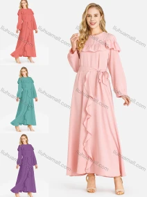 Wholesale Women's Casual Plain Tie Front Ruffle Trim Crew Neck Long Sleeve Maxi Dress With Belt, LIUHUA CLOTHING WHOLESALE
