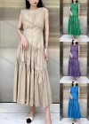 Wholesale Women's Casual Plain Round Neck Ruched Splicing Ruffle Hem Tank Midi Dress - Liuhuamall