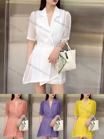 Wholesale Women's Casual Plain Lapel Button Front Asymmetrical Hem Short Dress, LIUHUA CLOTHING WHOLESALE