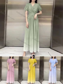 Wholesale Women's Casual Plain Wrap V Neck Puff Sleeve Ruffle Hem Maxi Dress, LIUHUA CLOTHING WHOLESALE