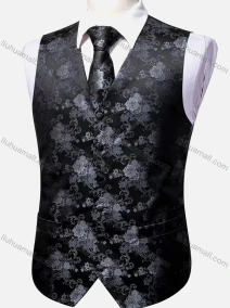 Wholesale Men's Formal Floral Print V Neck Single Breasted Silky Waistcoat & Necktie 2-piece Set, LIUHUA CLOTHING WHOLESALE