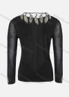 Wholesale Women's Casual Leaf Embroidery Rhinestone Sheer Mesh Long Sleeve Scallop Neck Top - Liuhuamall