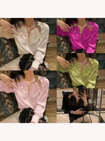 Wholesale Women's Casual Plain Notched Neck Shirt Sleeve Satin Blouse 6601#, LIUHUA CLOTHING WHOLESALE