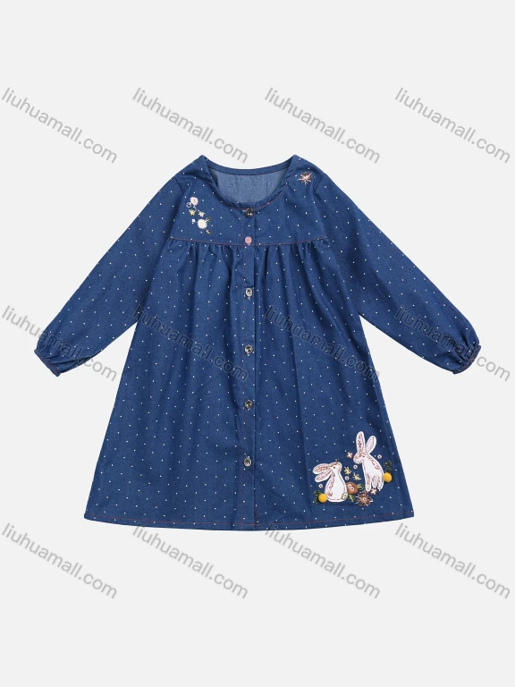 Wholesale Girls' Fall Round Neck Cartoon Pin Dot Ruched Long Sleeve Button Down Dress