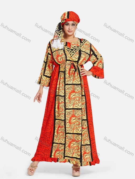 Wholesale Women's African Notched Neck 3/4 Sleeve Plus Size Tribal Print Waist Drawstring Maxi Kaftan Dress With Turban ZXV-666D2#, Guangzhou Clothing Wholesale Market & Suppliers - LIUHUAMALL, Specialty