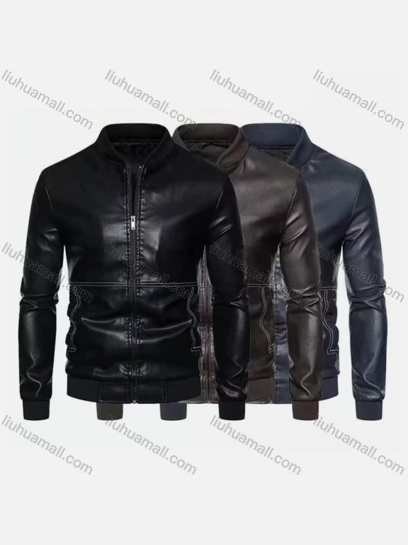 Wholesale Men's Fashion Moto Stand Collar Zipper Leather Jacket