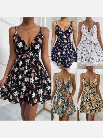 Wholesale Women's Sexy Deep V Neck Sleeveless Spaghetti Strap Floral Print Short Cami Dress F2037X#, LIUHUA CLOTHING WHOLESALE