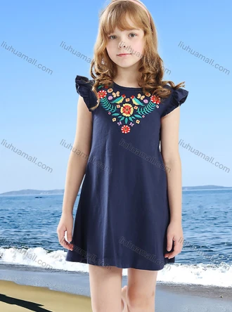 Wholesale Girls Cute Crew Neck Ruffle Sleeve Embroidered Cartoon Print Short Dress, LIUHUA CLOTHING WHOLESALE