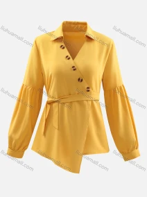 Wholesale Women's V Neck Button Front Asymmetrical Hem Solid Blouse With Belt, LIUHUA CLOTHING WHOLESALE