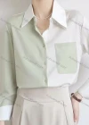 Wholesale Women's Casual Long Sleeve Collared Splicing Colorblock Button Down Patch Pocket Shirts 179898# - Liuhuamall