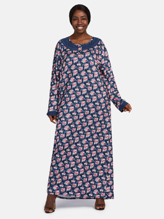 Women's Vintage Crew Neck Long Sleeve Allover Floral Print Splicing Maxi Nightgown, Clothing Wholesale Market -LIUHUA, WOMEN, Sleepwear