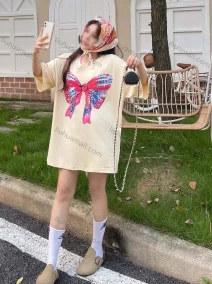 Wholesale Women's Casual Round Neck Butterfly Rhinestone Short Sleeve Tee With Kerchief 0677-2#, LIUHUA CLOTHING WHOLESALE