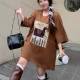 Wholesale Women's Casual Round Neck Graphic Drop Shoulder Beaded Decor Short Sleeve Tee With Kerchief 0677-3# Coffee Clothing Wholesale Market Liuhua