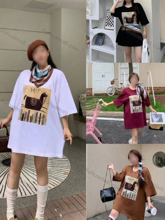 Wholesale Women's Casual Round Neck Graphic Drop Shoulder Beaded Decor Short Sleeve Tee With Kerchief 0677-3#