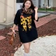 Wholesale Women's Casual Round Neck Bowknot Print Beaded Decor Short Sleeve Tee With Kerchief 0677-4# Black Clothing Wholesale Market Liuhua