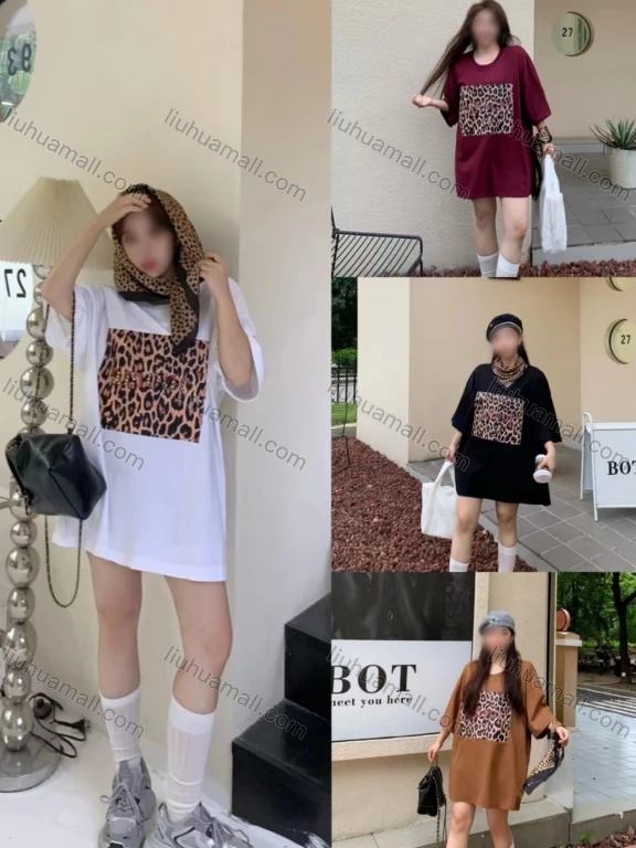 Wholesale Women's Casual Round Neck Leopard Print Rhinestone Decor Short Sleeve Tee With Kerchief 0677-5#