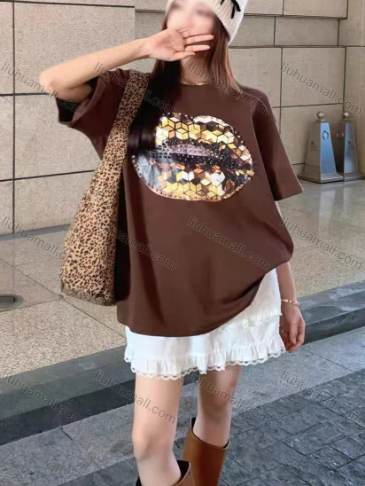Wholesale Women's Casual Round Neck Graphic Print Rhinestone Short Sleeve Drop Shoulder Tee 0677-7#