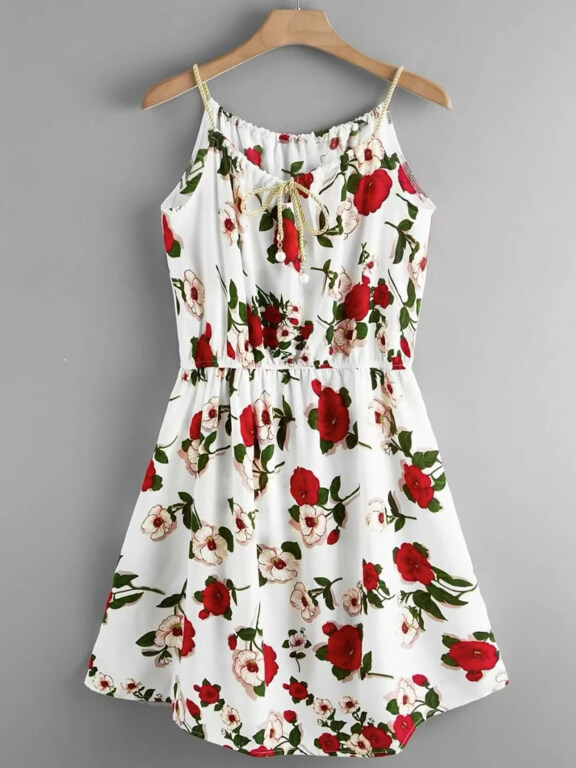 Women's Drawstring Floral Print Ruffle Hem Cami Dress, Clothing Wholesale Market -LIUHUA, Floral%20Dress