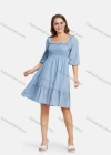 Wholesale Women's Square Neck Puff Sleeve Plain Shirred Ruffle Trim Casual Dress - Liuhuamall