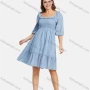 Wholesale Women's Square Neck Puff Sleeve Plain Shirred Ruffle Trim Casual Dress preview