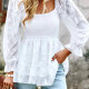 Women's Casual U Neck Lace Poet Sleeve Shirred Ruffle Trim Plain Blouse White Clothing Wholesale Market -LIUHUA