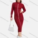 Wholesale Women's Casual Long Sleeve Mock Neck Striped Plain Slim Knit Midi Dress 0728# Red Clothing Wholesale Market Liuhua