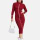 Women's Casual Long Sleeve Mock Neck Striped Plain Slim Knit Midi Dress 0728# Red Clothing Wholesale Market -LIUHUA