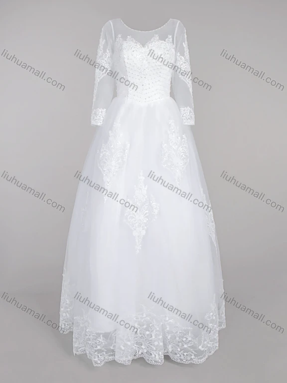 Wholesale Women's Glamorous Embroidery Pearl Decor Round Neck Beaded Corset Bodice Classic Tulle Wedding Dress