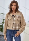 Wholesale Women's Lapel Button Front Splicing Plaid Print Corduroy Casual Crop Jacket With Flap Pocket A21229X# - Liuhuamall