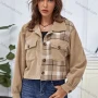 Wholesale Women's Lapel Button Front Splicing Plaid Print Corduroy Casual Crop Jacket With Flap Pocket A21229X# preview