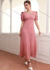 Wholesale Women's Scoop Neck Puff Sleeve Slim Waist Plain Maxi Dress AY151# - Liuhuamall