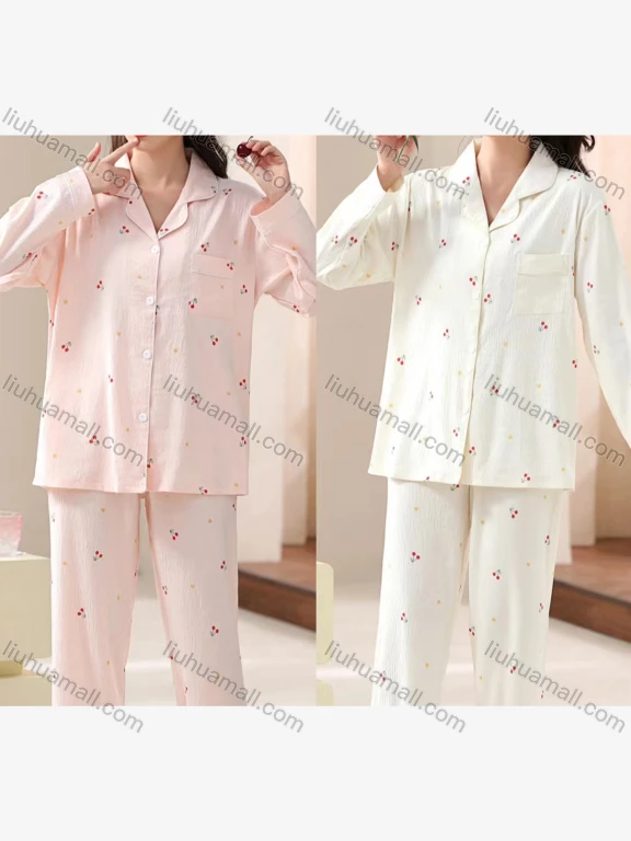 Wholesale Women's Comfy Cherry Print Lapel Button Down Patch Pocket Long Sleeve Lounge Pajamas 2 Piece Set 36-1#