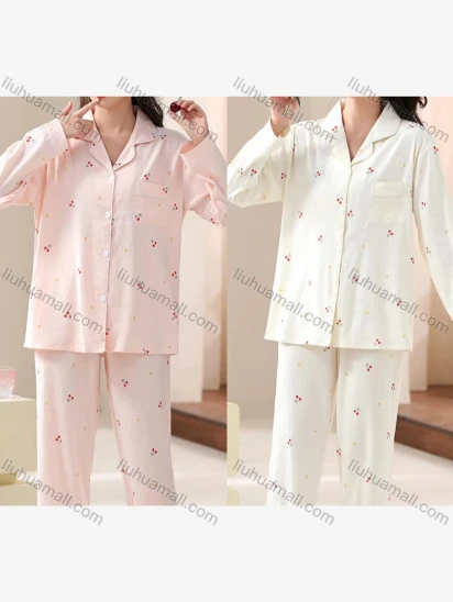 Wholesale Women's Comfy Cherry Print Lapel Button Down Patch Pocket Long Sleeve Lounge Pajamas 2 Piece Set 36-1#