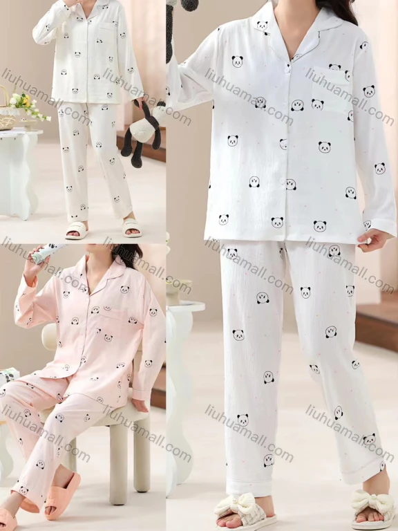 Wholesale Women's Comfy Animal Panda Lapel Button Down Patch Pocket Long Sleeve Lounge Pajamas 2 Piece Set 36-5#