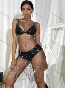 Wholesale Women's Elastic Fishnet Side Slit Diamond Sexy Cover Up Dress, LIUHUA CLOTHING WHOLESALE