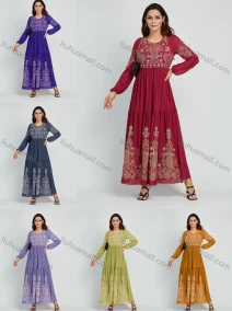 Wholesale Women's Elegant Embroidery Round Neck Long Sleeve Maxi Dress, LIUHUA CLOTHING WHOLESALE