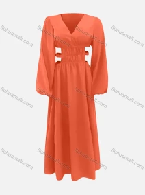 Wholesale Women's Casual V Neck Lantern Sleeve Hollow Out Maxi Dress, LIUHUA CLOTHING WHOLESALE