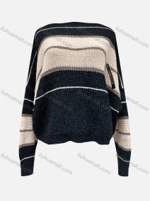 Wholesale Women's Casual Crew Neck Extra Long Sleeve Colorblock Striped Knitted Sweater X2801#, LIUHUA CLOTHING WHOLESALE