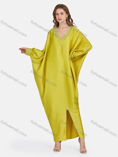 Wholesale Women's Muslim Islamic Bat Sleeve Plain Rhinestone Split Front Kaftan 3400#