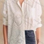 Wholesale Women's Casual Plain Long Sleeve Collared Button Down Eyelet Embroidered Patch Pocket Shirt preview