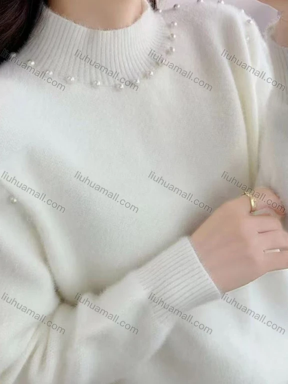 Wholesale Women's Casual Mock Neck Plain Pearl Decor Long Sleeve Sweater Top 635#