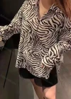 Wholesale Women's Casual Long Sleeve Zebra Print Split Hem Button Down Shirts 6005-13# - Liuhuamall