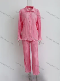 Wholesale Women's Casual Plain Button Down Petal Hem Long Sleeve Blouse & Pants Set, LIUHUA CLOTHING WHOLESALE