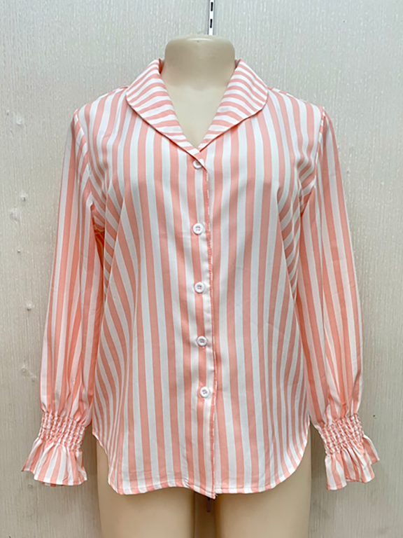 Women's Lapel Poet Sleeve Striped Buttons Blouse, Clothing Wholesale Market -LIUHUA, blouses