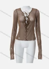 Wholesale Women's Sexy Plain Lace Up Extra Long Sleeve Semi Mesh Blouse Q21TP300# - Liuhuamall