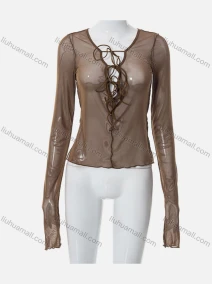Wholesale Women's Sexy Plain Lace Up Extra Long Sleeve Semi Mesh Blouse Q21TP300#, LIUHUA CLOTHING WHOLESALE