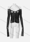 Wholesale Women's Sexy Plain Lace Up Extra Long Sleeve Semi Mesh Blouse Q21TP300# - Liuhuamall