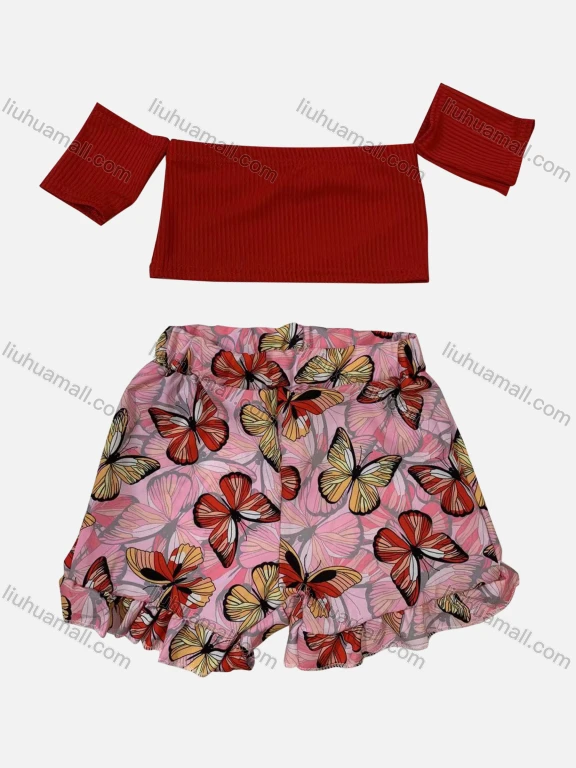 Wholesale Girl's Casual Plain Rib-knit Off Shoulder Tops & Butterfly Print Shorts 2 Piece Set