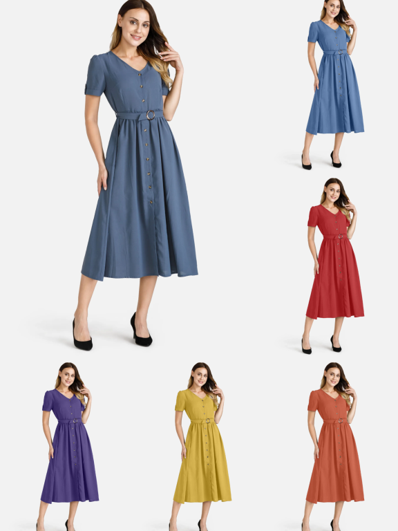 Women's V Neck Button Front Belted Plain Midi Dress, Clothing Wholesale Market -LIUHUA, Women, Women-s-Clothing-Sets